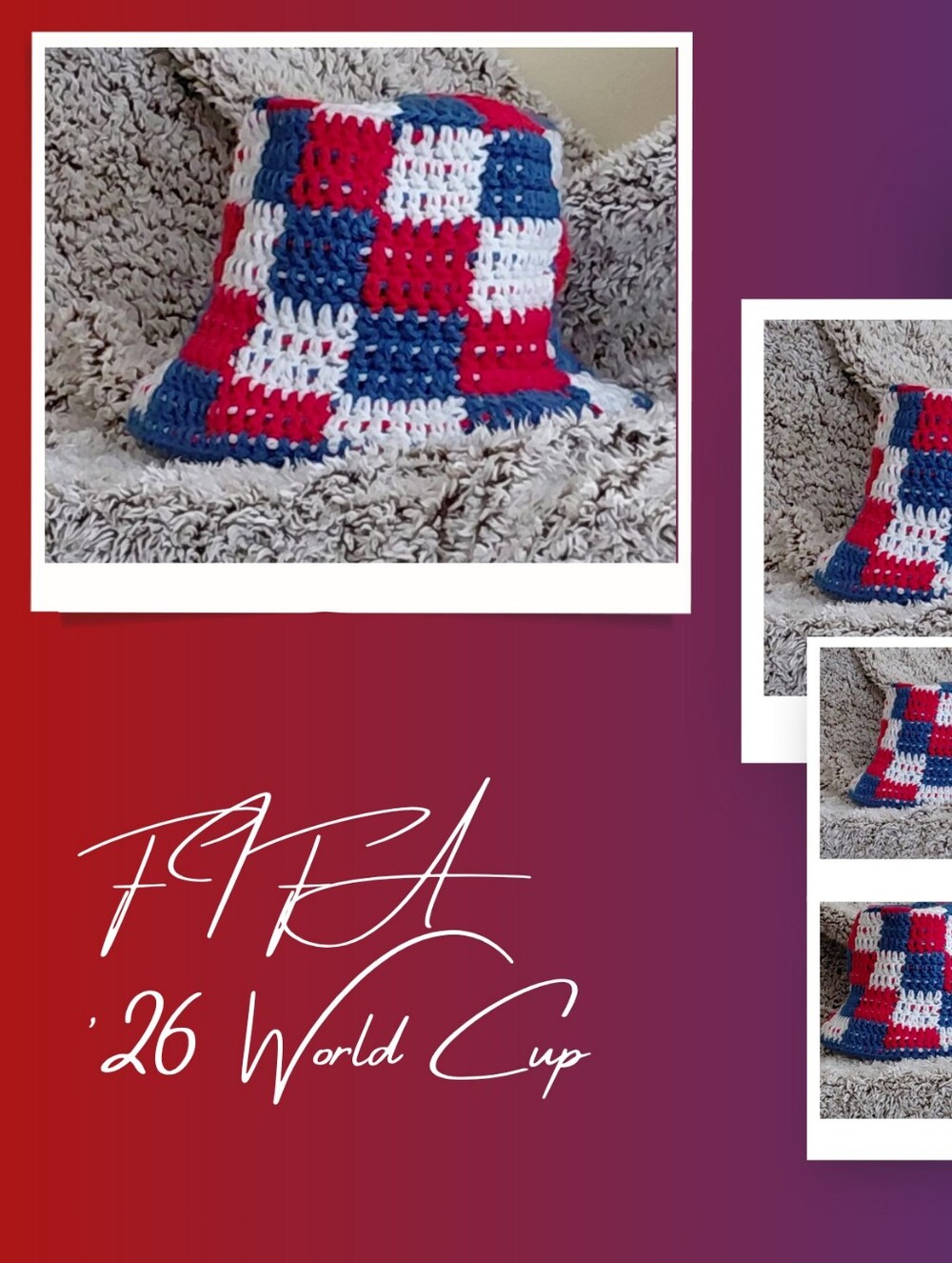 Crocheted Checkerboard Bucket Hat in Red, White & Blue